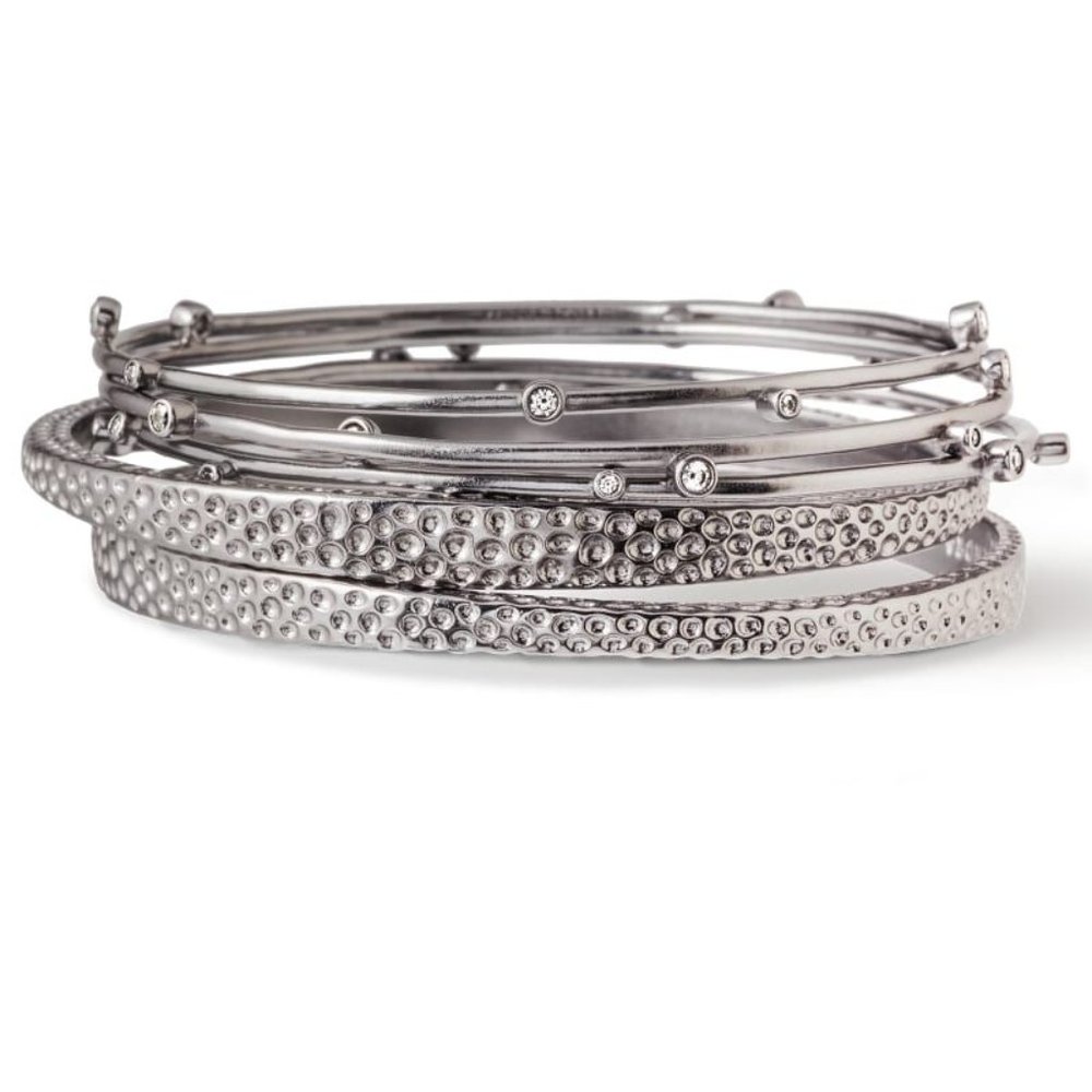 Kendra Scott Tatum Stacking Bangle Bracelet Set Silver Hematite NEW - Picture 1 of 6